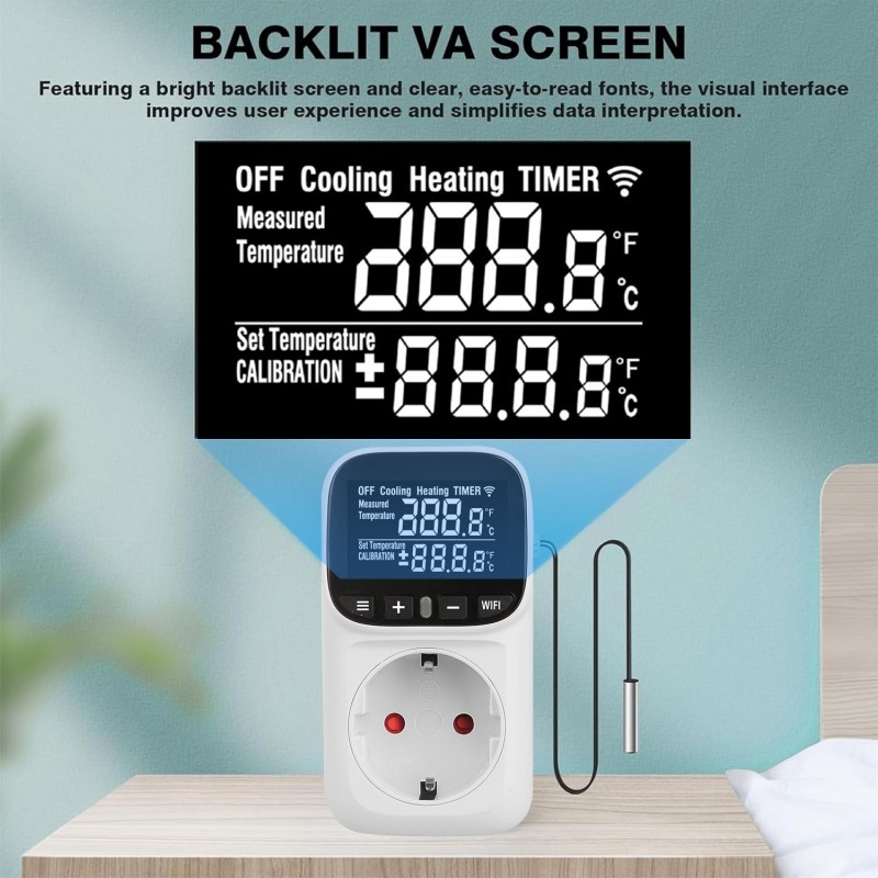 Priza termostat WiFi SINOTIMER STC-916W-EU, 16A, 230V, control temperatura incalzire/racire, senzor extern, timer, aplicatie